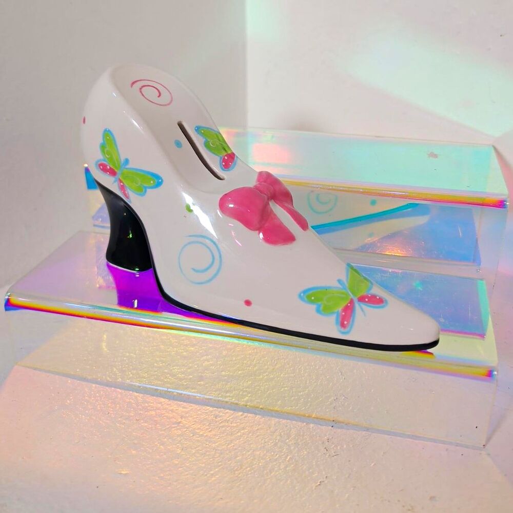 Ceramic High Heel Shoe Coin Bank Hand Painted Butterfly Pink Bow Y2K Vintage